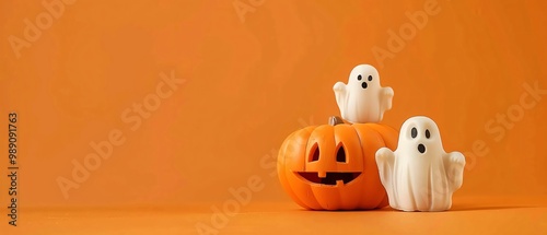 Funny Halloween pumpkin and ghosts on a bright orange background funny Halloween pumpkin, ghosts, bright orange background photo