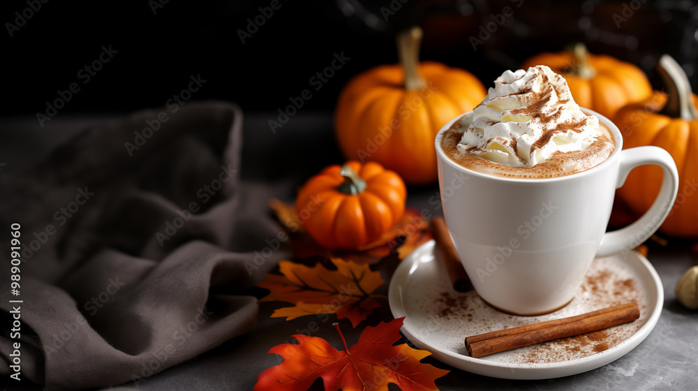 Pumpkin spice coffee with whipped cream and cinnamon in a cozy autumn setting Pumpkin spice coffee with whipped cream and cinnamon in a cozy autumn setting