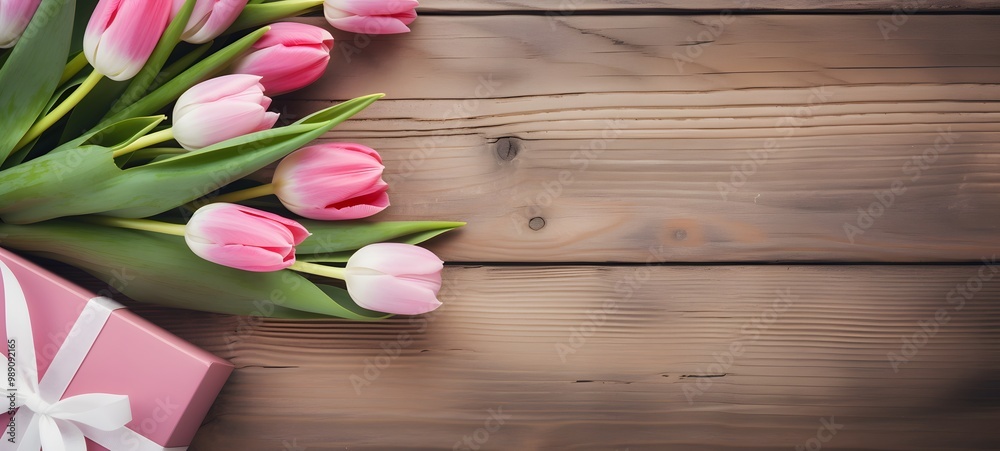 Pink Tulips & Gift Box on Wooden Background Pink Tulips & Gift Box on Wooden Background