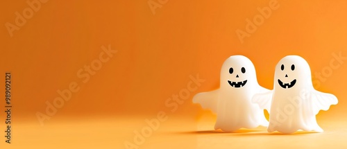 Cute Halloween ghosts with a funny pumpkin face on orange background cute Halloween ghosts, funny pumpkin face, orange background photo