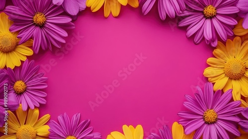 A vibrant arrangement of purple and yellow flowers on a bright pink background.