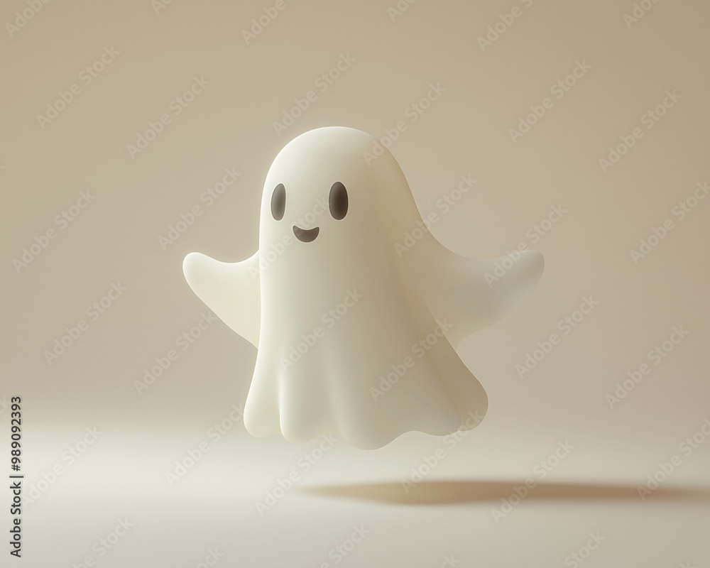 joyful white ghost floating with open arms in a soft beige atmosphere joyful white ghost floating with open arms in a soft beige atmosphere