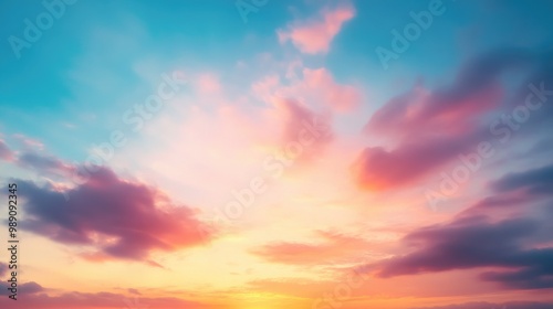 Stunning vibrant sunset horizon with blurred orange and pink tones blending into the blue sky, creating a soft, peaceful visual effect