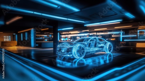 Holographic display showing core technologies of electric vehicle, internal components highlighted, futuristic tech breakdown, advanced engineering concept