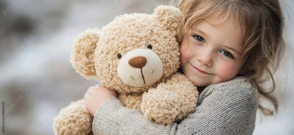 Child Embracing a Soft Teddy Bear in Nature Child Embracing a Soft Teddy Bear in Nature