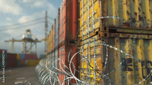 A row of colorful shipping containers is secured with barbed wire, set against a backdrop of cranes and a cloudy sky, evoking a sense of industrial activity. photo