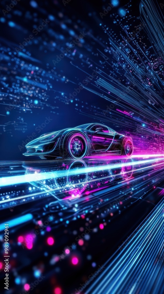 Digital hologram of electric car on the road featuring glowing lines and light effects, showcasing futuristic design and movement, illustrating advanced technology, electric vehicle Digital hologram of electric car on the road featuring glowing lines and light effects, showcasing futuristic design and movement, illustrating advanced technology, electric vehicle