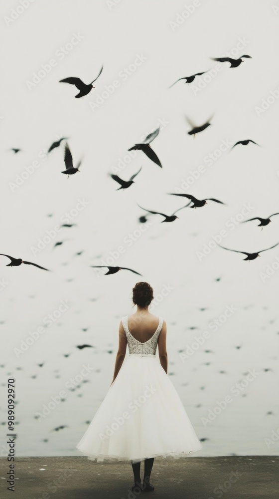 Φωτογραφία A woman in a white dress standing in front of a flock of birds