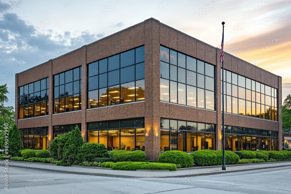 Brick Office Building with Large Windows and American Flag Brick Office Building with Large Windows and American Flag