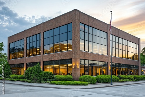 Brick Office Building with Large Windows and American Flag