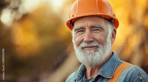 Smiling older construction worker in an orange hard hat outdoors