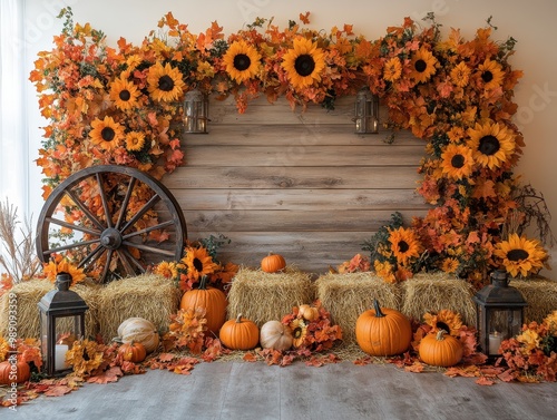 A vibrant autumn scene featuring sunflowers, pumpkins, and hay bales, perfect for seasonal decorations and harvest celebrations.