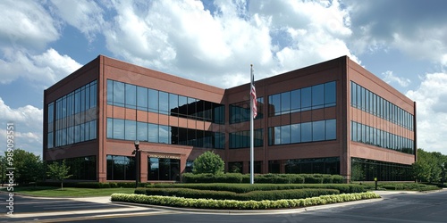 Brick Office Building with Large Windows and American Flag