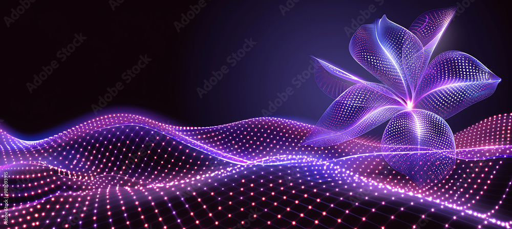 Fototapeta premium Celebrate Spring Greetings neonthemed Holiday Card where glowing 3D flower bloom above 2D landscape leaving expansive blank space lower right writing subtle 4D 5D light pattern seamlessly blending