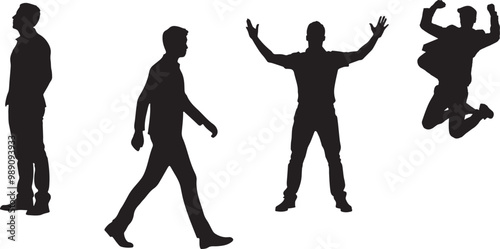 silhouettes of people standing still, walking, jumping happily vector eps