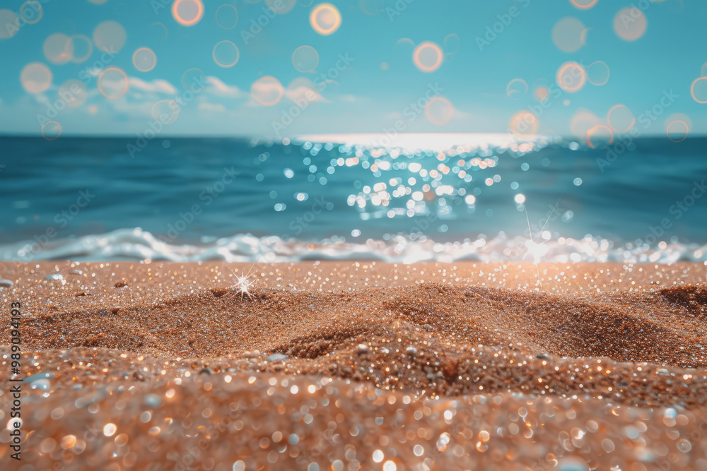 Abstract beach background. blur bokeh light of calm sea and sky. Focus on the sand foreground. Abstract beach background. blur bokeh light of calm sea and sky. Focus on the sand foreground.
