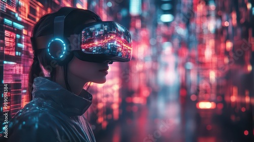 futuristic scene of person wearing sleek vr headset surrounded by holographic projections of data and virtual landscapes neon accents highlight technological marvels