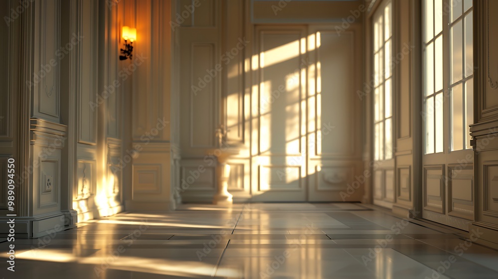 A serene interior scene featuring light streaming through large windows, casting gentle shadows on elegant walls and polished floors. A serene interior scene featuring light streaming through large windows, casting gentle shadows on elegant walls and polished floors.