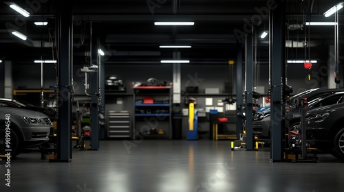 An automotive workshop with several cars parked and ready for maintenance and repair. The workshop is well-lit with organized tools and equipment in the background.
