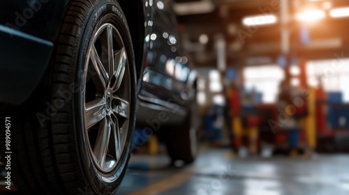 A close-up shot of a car wheel in a workshop setting with soft ambient light. The environment suggests a clean and professional automotive repair facility.