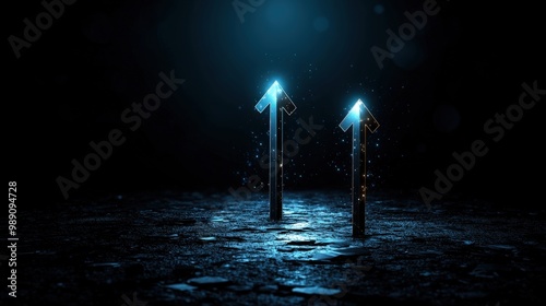 This image features two arrows standing parallel and pointing upward, highlighted by a sparkling light effect, symbolizing growth, progress, and ambition in a futuristic setting.