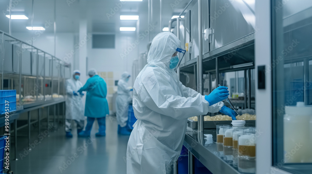 Lab workers in clean room suits working with test tubes and beakers Lab workers in clean room suits working with test tubes and beakers
