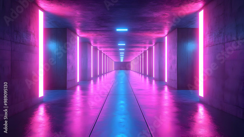 Neon Lights Corridor 3D Illustration