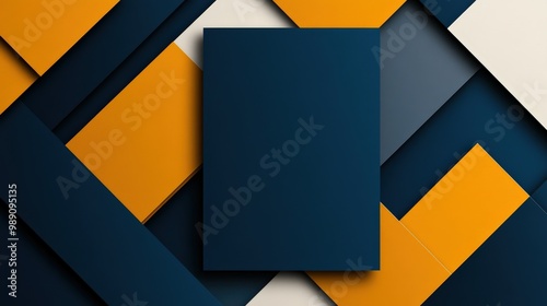 A modern abstract design with rectangles layered in varied directions, using a minimalistic color palette of navy blue, gold, and white, creating depth and texture.