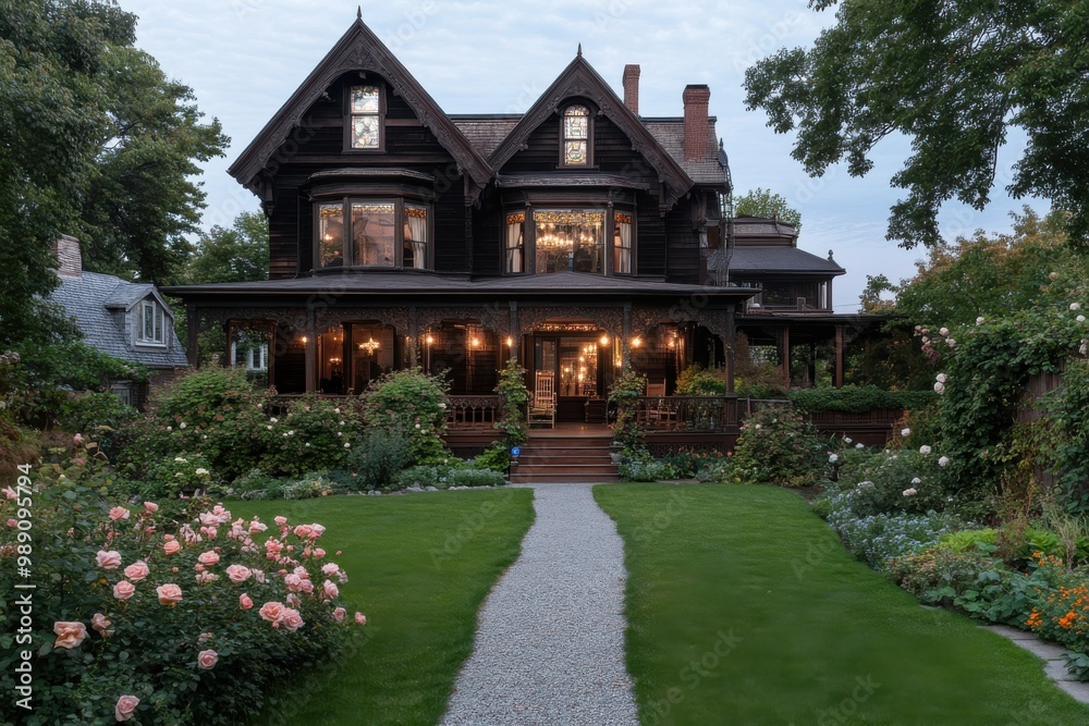 An elegant Victorian house with a dark exterior and beautifully maintained garden featuring a winding gravel path and gentle lighting, creating a cozy, inviting ambiance. An elegant Victorian house with a dark exterior and beautifully maintained garden featuring a winding gravel path and gentle lighting, creating a cozy, inviting ambiance.