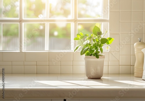 Sunlit Kitchen Countertop with Green Plant