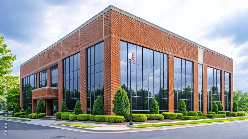 Brick Office Building with Large Windows and an American Flag