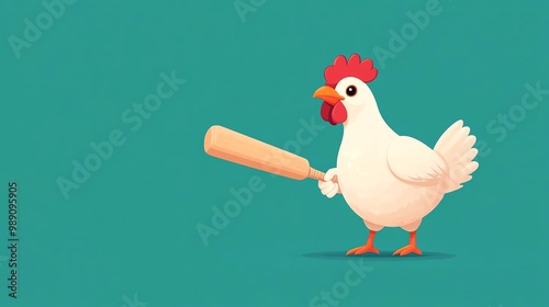 A cartoon chicken holding a baseball bat, standing against a solid teal background, creates a whimsical and humorous scene. Perfect for playful designs or products. photo