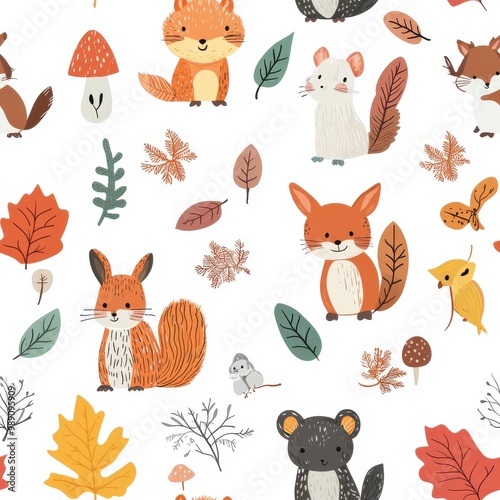 Charming illustration featuring various woodland animals and autumn leaves, perfect for children's decor or nature-themed designs.