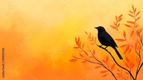 A black bird peacefully rests on a slender branch, silhouetted against a vibrant peach sunrise. Tropical plants add depth, creating a tranquil garden atmosphere.