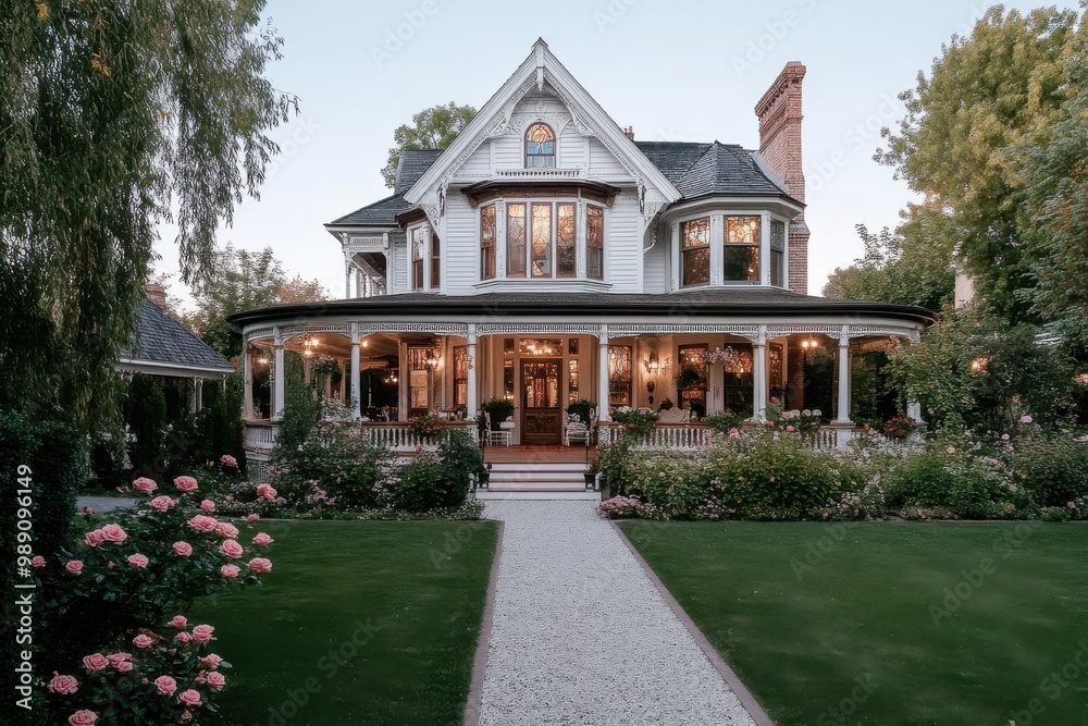 A classic Victorian house painted white, featuring a wrap-around porch, a beautifully manicured garden, and a stone path leading to the inviting entrance, exuding timeless elegance. A classic Victorian house painted white, featuring a wrap-around porch, a beautifully manicured garden, and a stone path leading to the inviting entrance, exuding timeless elegance.