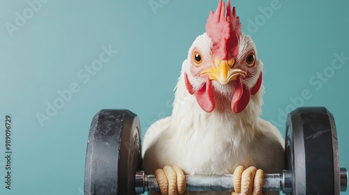 A humorous chicken lifting a dumbbell against a teal background, showcasing strength and fitness in a playful manner. photo