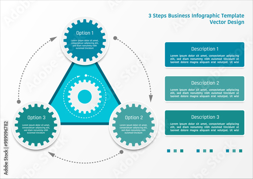 3 steps business infographic template, theme of triangle with gear on circle buttons, and banner for process description