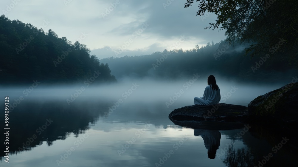 A solitary figure sits by a misty lake during twilight, enveloped by serene natural surroundings, representing solitude and inner peace. A solitary figure sits by a misty lake during twilight, enveloped by serene natural surroundings, representing solitude and inner peace.