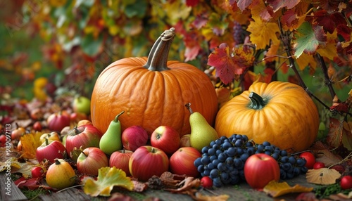 A vibrant orange pumpkin rests amidst a cascade of falling autumn leaves- evoking the colors and essence of the season.