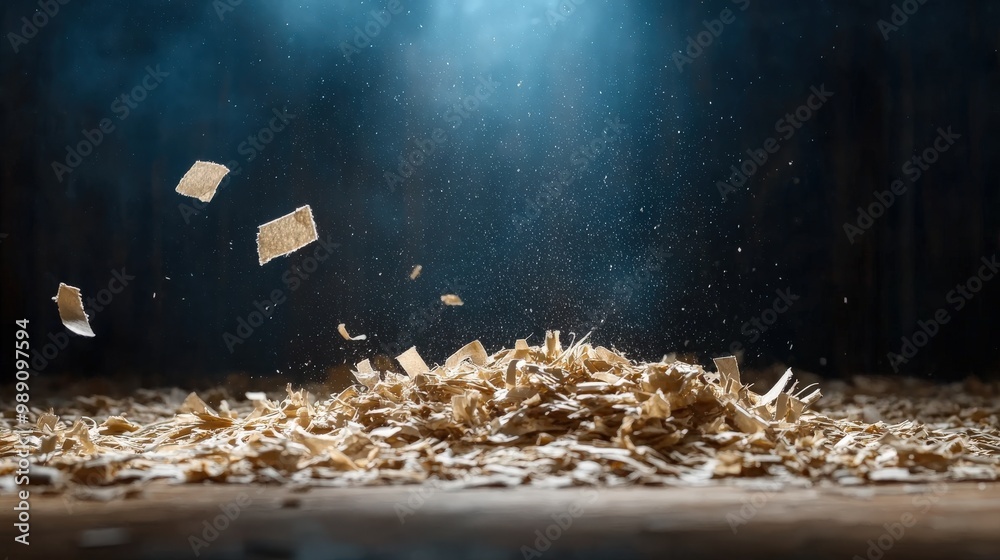 Φωτογραφία A pile of wood shavings is captured mid-air under a dramatic spotlight, showcasing the texture and fragments in a moody ambiance with a hint of dust particles