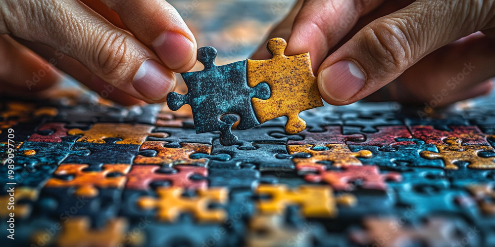 As hands carefully connect two puzzle pieces, vibrant colors and intricate patterns of surrounding pieces create captivating scene. This moment captures joy of problem solving and creativity As hands carefully connect two puzzle pieces, vibrant colors and intricate patterns of surrounding pieces create captivating scene. This moment captures joy of problem solving and creativity
