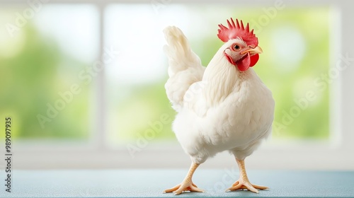 A vibrant white chicken standing proudly against a soft-focus background, showcasing its detailed plumage and striking red comb, perfect for farm or poultry-related themes. photo