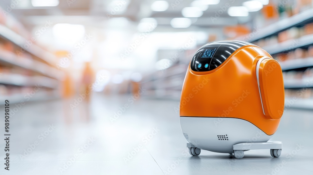 Smart Robot Helper in Modern Supermarket Aisle Smart Robot Helper in Modern Supermarket Aisle