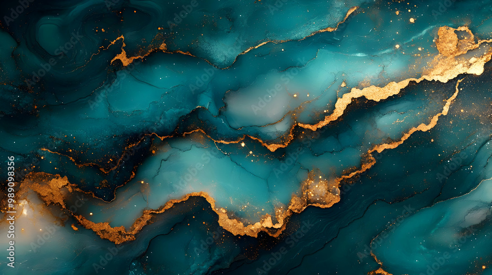 Abstract Teal and Gold Swirls - Fluid Art with Glittering Texture Abstract Teal and Gold Swirls - Fluid Art with Glittering Texture