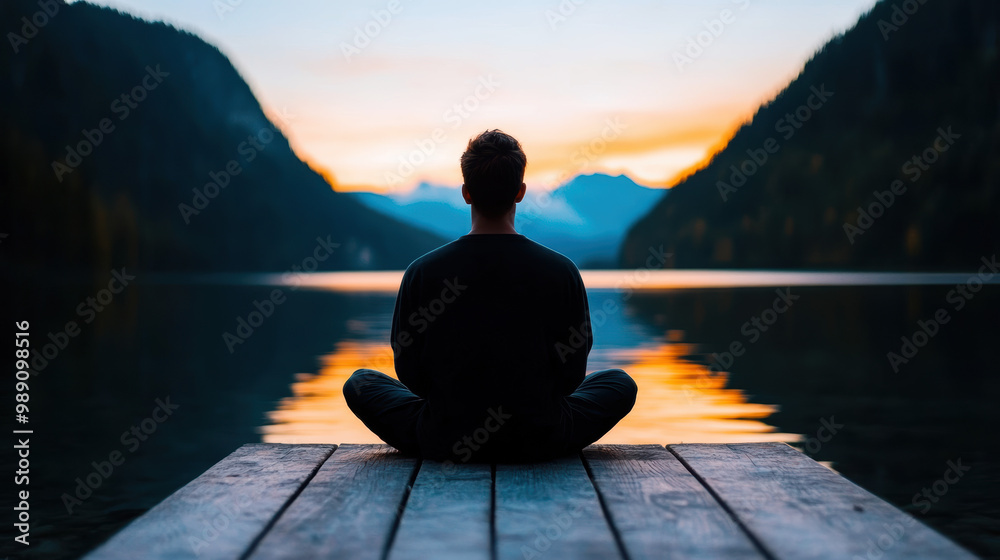 personne assise sur un rocher qui contemple le coucher de soleil dans un fjord personne assise sur un rocher qui contemple le coucher de soleil dans un fjord