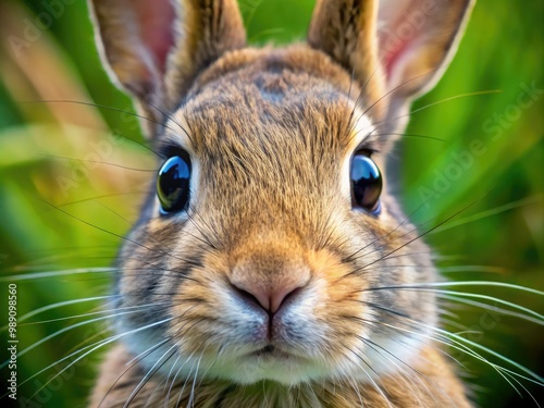 Adorable close-up of a gentle rabbit's face, featuring bright expressive eyes, twitching whiskers, and soft fluffy fur, conveying innocence and curiosity. photo