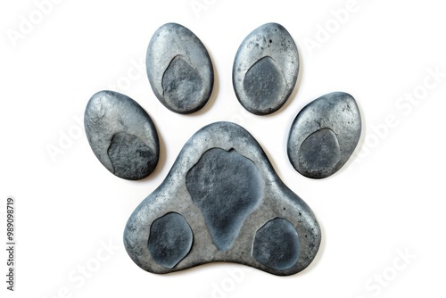 Adorable dog paw print artwork on white background, created with dark gray paint, featuring five toes and a sweet, whimsical design for pet lovers. photo