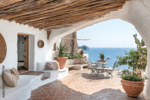 A cozy and welcoming outdoor seating area with breathtaking ocean views  featuring rustic wooden beams  white walls  potted plants  and a vintage  relaxed ambiance.