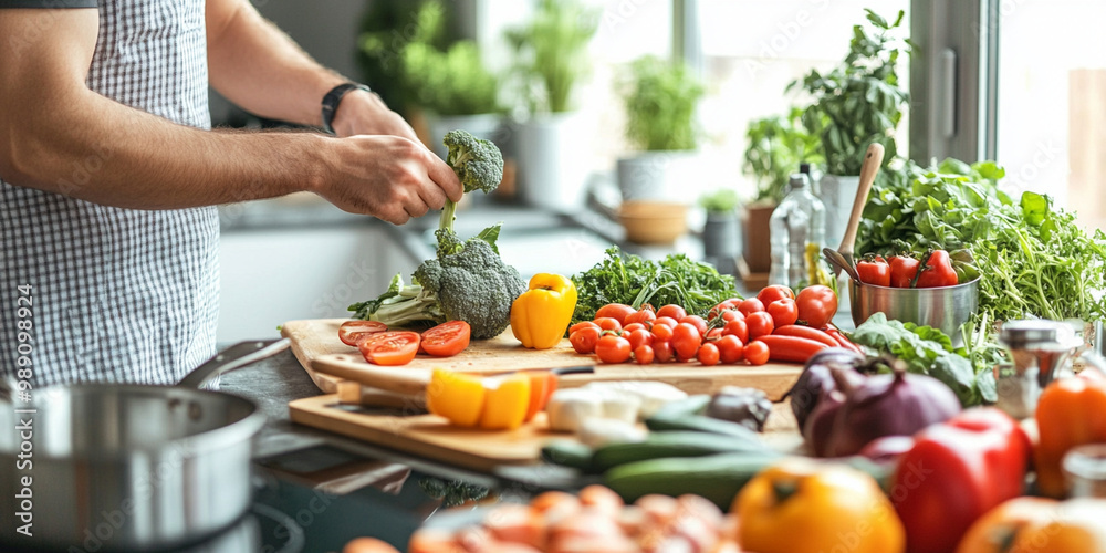 Fresh vegetables are being prepared for healthy meal in bright kitchen. vibrant colors of tomatoes, peppers, and greens create inviting atmosphere for nutritious cooking Fresh vegetables are being prepared for healthy meal in bright kitchen. vibrant colors of tomatoes, peppers, and greens create inviting atmosphere for nutritious cooking
