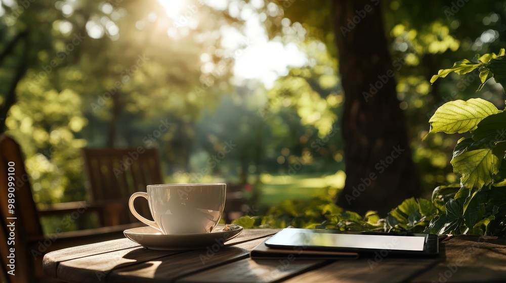 A warm morning setting with a cup of coffee and a tablet placed on a wooden table under sunlight in a green, peaceful garden, representing relaxation and productive leisure. A warm morning setting with a cup of coffee and a tablet placed on a wooden table under sunlight in a green, peaceful garden, representing relaxation and productive leisure.